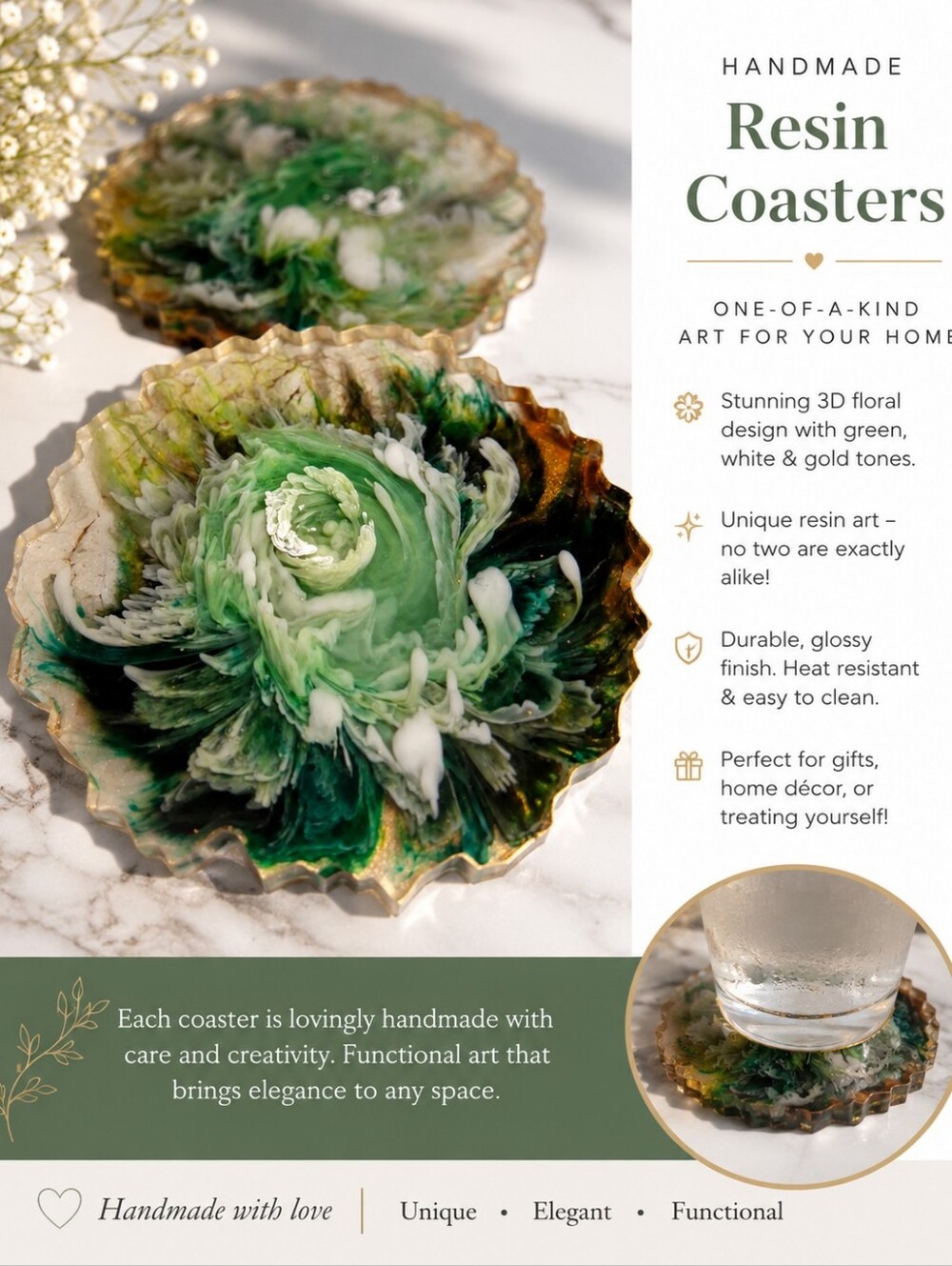 Handmade Resin Coaster Set - Green, White & Gold Floral